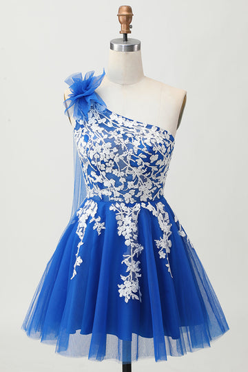 Royal Blue A Line Tulle One Shoulder Homecoming Dress with Lace Up Back
